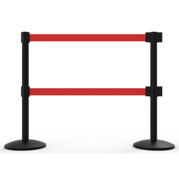 Banner Stakes 14' Dual Retractable Belt Barrier System with Bases, Black Posts and Blank Red Belts - AL6207B-D