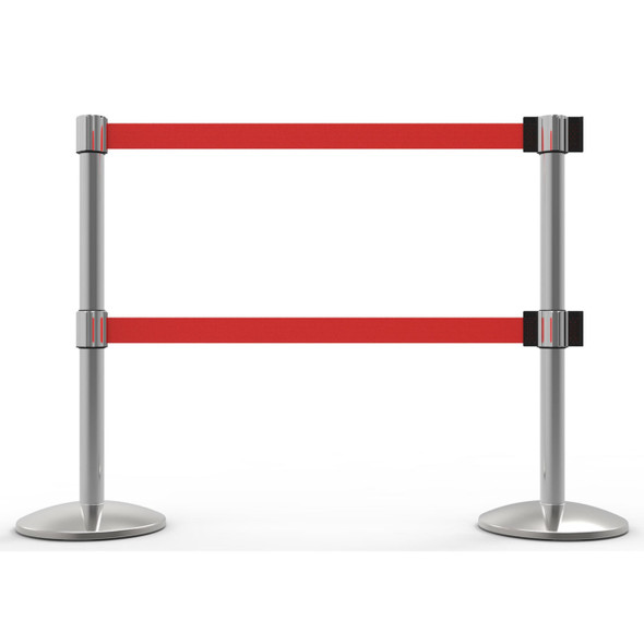 Banner Stakes 14' Dual Retractable Belt Barrier System with Bases, Chrome Posts and Blank Red Belts - AL6207C-D