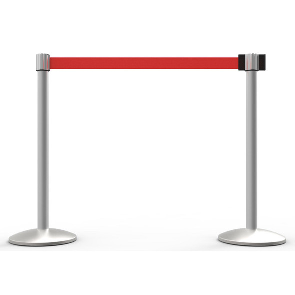 Banner Stakes 14' Retractable Belt Barrier System with Bases, Matte Posts and Blank Red Belts - AL6207M
