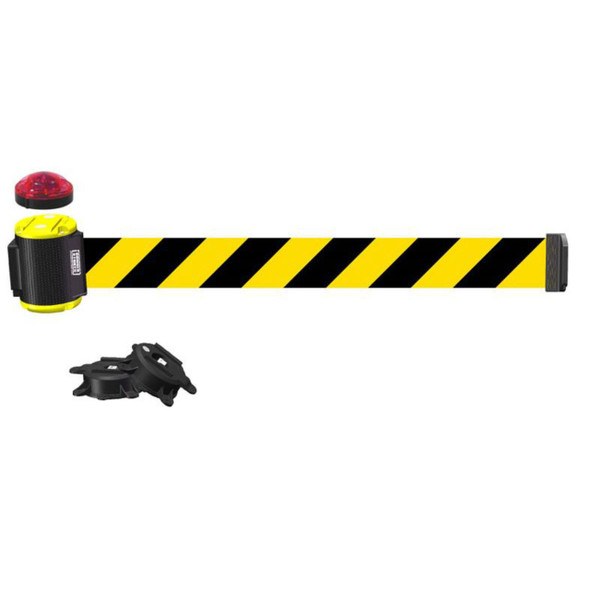 Banner Stakes 15' Wall-Mount Retractable Belt with Red Strobe Light, Yellow/Black Diagonal Stripe - MH1507L