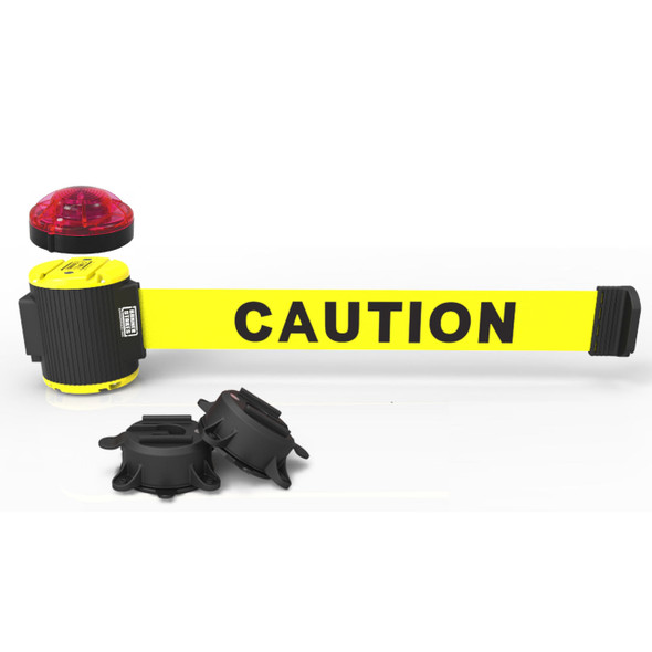 Banner Stakes 30' Wall-Mount Retractable Belt with Red Strobe Light, Yellow "Caution" - MH5001L