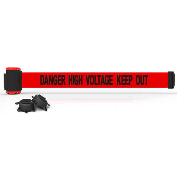 Banner Stakes 7' Wall-Mount Retractable Belt, Red "Danger High Voltage Keep Out" - MH7009