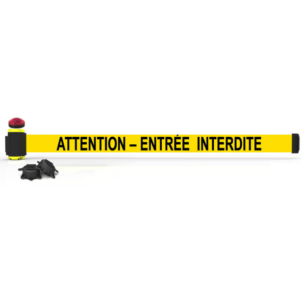 Banner Stakes 7' Wall-Mount Retractable Belt with Red Strobe Light, Yellow "ATTENTION – ENTRÉE INTERDITE" - MH7016L