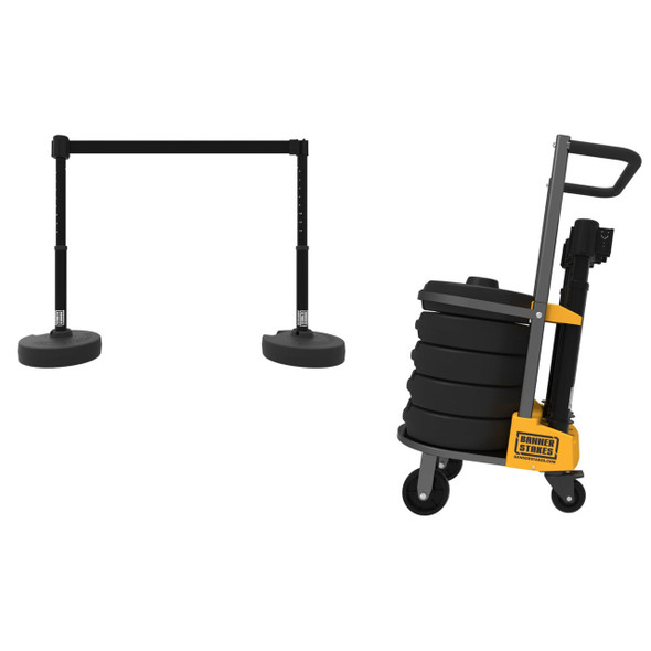 Banner Stakes 75' Barrier System with Cart, 5 Bases, Retractable Belts and Posts; Blank Black - PL4000-B