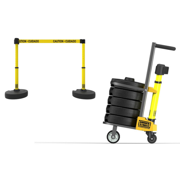 Banner Stakes 75' Barrier System with Cart, 5 Bases, Retractable Belts and Posts; Yellow "Caution - Cuidado" - PL4002