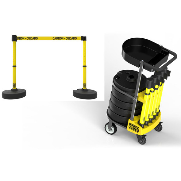 Banner Stakes 75' Barrier System with 1-Tray Cart, 5 Bases, Retractable Belts and Posts; Yellow "Caution - Cuidado" - PL4002T