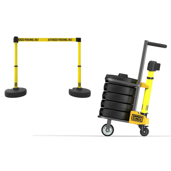 Banner Stakes 75' Barrier System with Cart, 5 Bases, Retractable Belts and Posts; Yellow "Authorized Personnel Only" - PL4004