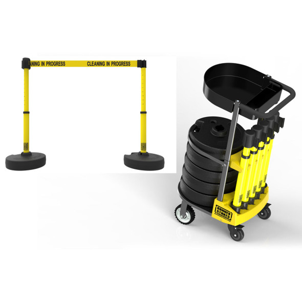 Banner Stakes 75' Barrier System with 1-Tray Cart, 5 Bases, Retractable Belts and Posts; Yellow "Cleaning in Progress" - PL4005T