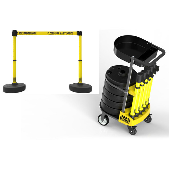 Banner Stakes 75' Barrier System with 1-Tray Cart, 5 Bases, Retractable Belts and Posts; Yellow "Closed for Maintenance" - PL4007T