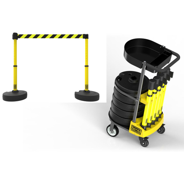 Banner Stakes 75' Barrier System with 1-Tray Cart, 5 Bases, Retractable Belts and Posts; Yellow/Black Diagonal Stripe - PL4008T