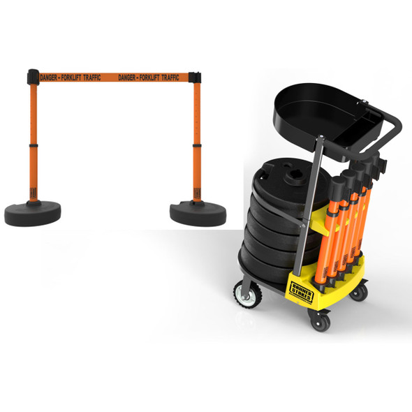 Banner Stakes 75' Barrier System with 1-Tray Cart, 5 Bases, Retractable Belts and Posts; Orange "Danger - Forklift Traffic" - PL4017T