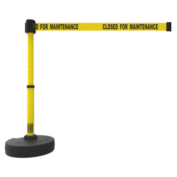 Banner Stakes Barrier Set with Stand-Alone Base, Post, Stake and Retractable Belt; Yellow "Closed for Maintenance" - PL4090