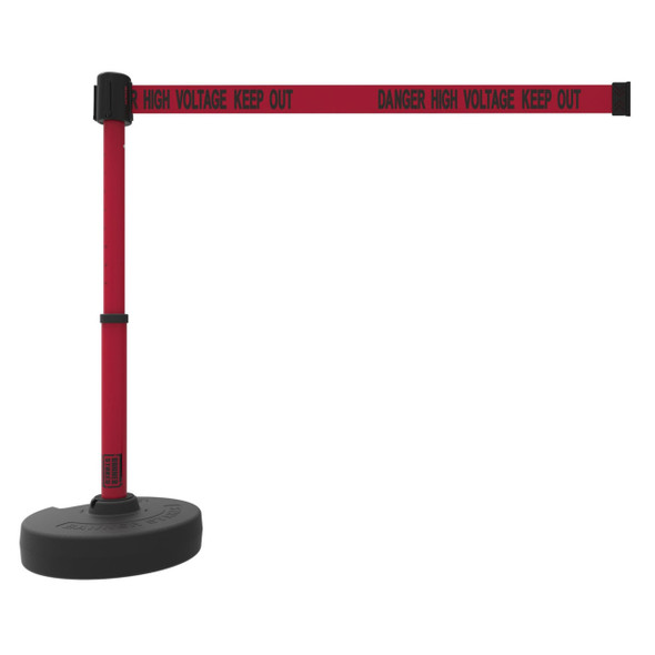 Banner Stakes Barrier Set with Stand-Alone Base, Post, Stake and Retractable Belt; Red "Danger High Voltage Keep Out" - PL4096