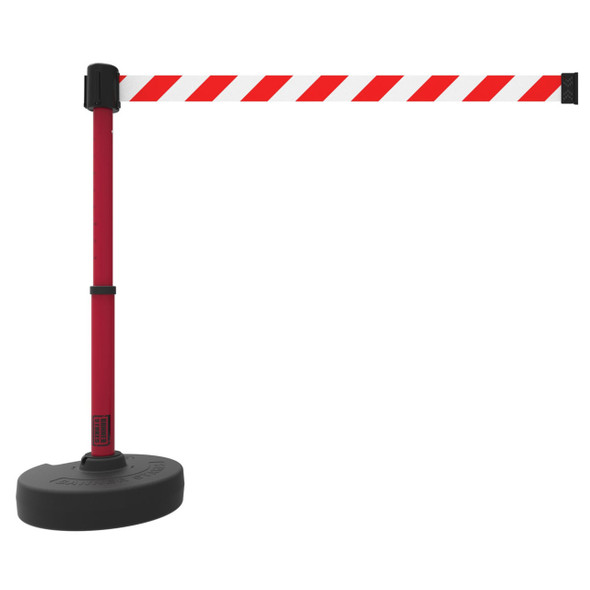 Banner Stakes Barrier Set with Stand-Alone Base, Post, Stake and Retractable Belt; Red/White Diagonal Stripe - PL4098
