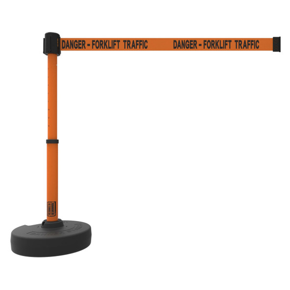 Banner Stakes Barrier Set with Stand-Alone Base, Post, Stake and Retractable Belt; Orange "Danger-Forklift Traffic" - PL4102