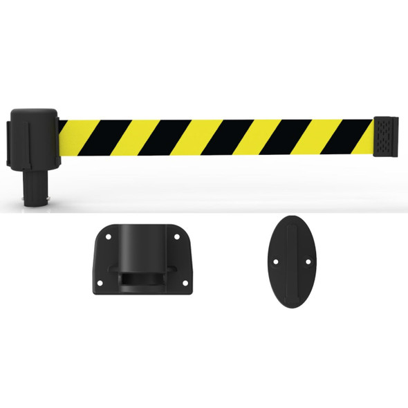 Banner Stakes 15' Wall-Mount Barrier System with Mounting Kit and Retractable Belt; Yellow/Black Diagonal Stripe - PL4121