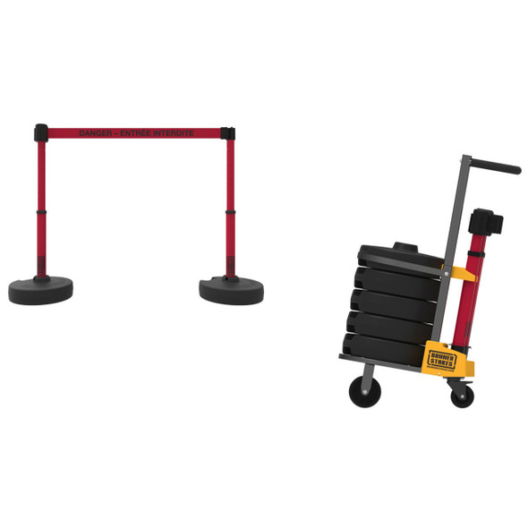 Banner Stakes 75' Barrier System with Cart, 5 Bases, Retractable Belts and Posts; Red "DANGER – ENTRÉE INTERDITE" - PL4145