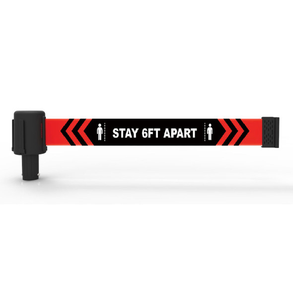 Banner Stakes 15' Long Retractable Barrier Belt, Black "Stay 6FT Apart"; Pack of 5 - PL4171