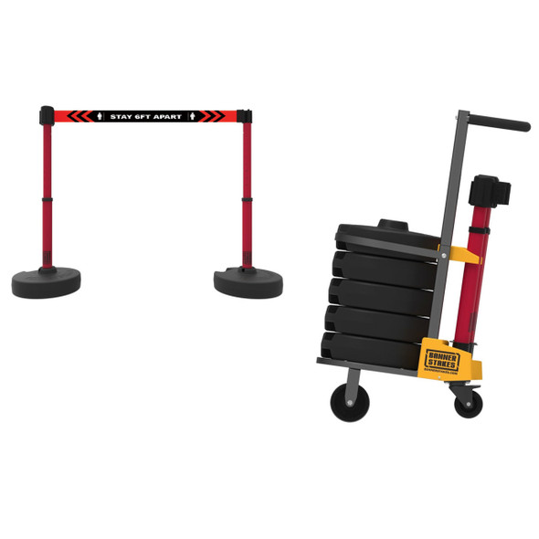 Banner Stakes 75' Barrier System with Cart, 5 Bases, Black "Stay 6FT Apart" Retractable Belts and Posts - PL4172