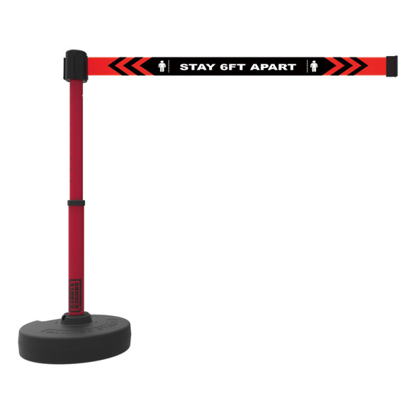 Banner Stakes Barrier Set with Stand-Alone Base, Post, Stake and Retractable Belt; Black "Stay 6FT Apart" - PL4174