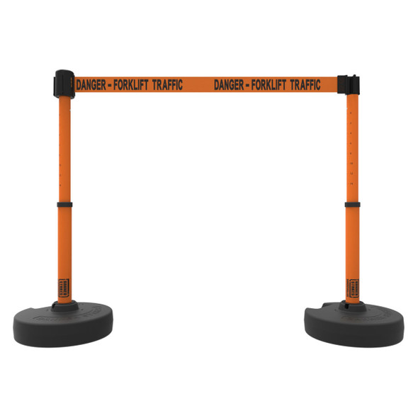 Banner Stakes 15' Barrier System with 2 Bases, Posts, Stakes and 1 Retractable Belt; Orange "Danger-Forklift Traffic" - PL4202