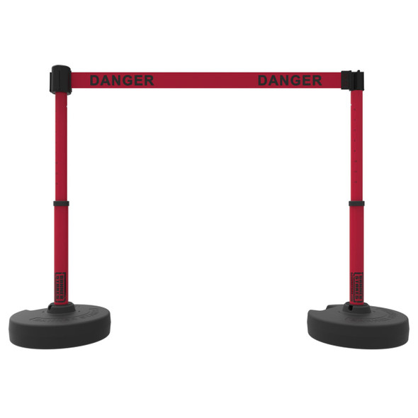 Banner Stakes 15' Barrier System with 2 Bases, Posts, Stakes and 1 Retractable Belt; Red Double-Sided "DANGER" - PL4264