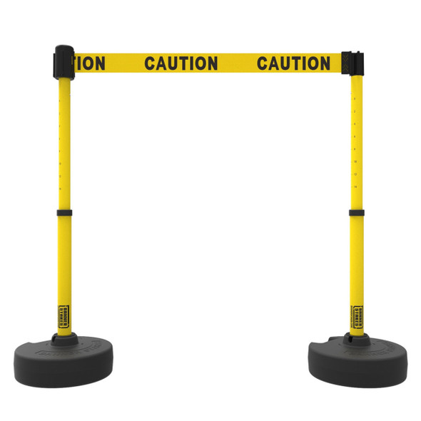 Banner Stakes 15' Barrier System with 2 Bases, Posts, Stakes and 1 Retractable Belt; Yellow "Caution" - PL4282