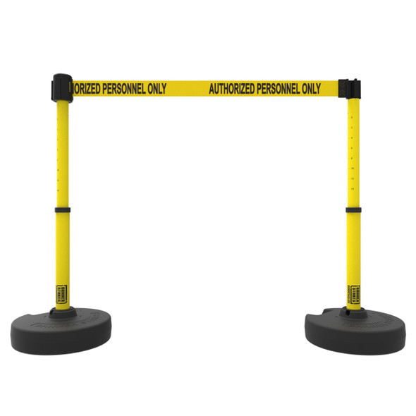 Banner Stakes 15' Barrier System with 2 Bases, Posts, Stakes and 1 Retractable Belt; Yellow "Authorized Personnel Only" - PL4287