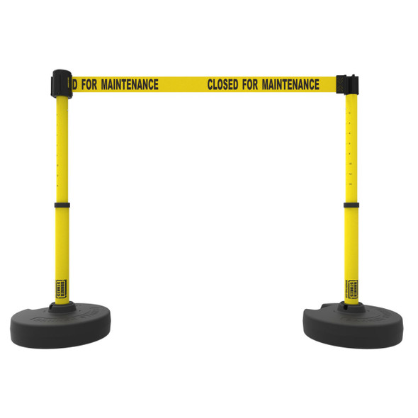 Banner Stakes 15' Barrier System with 2 Bases, Posts, Stakes and 1 Retractable Belt; Yellow "Closed for Maintenance" - PL4290