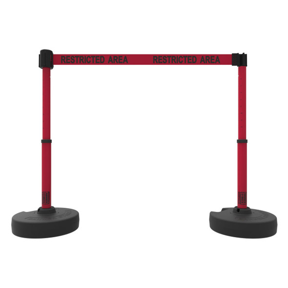 Banner Stakes 15' Barrier System with 2 Bases, Posts, Stakes and 1 Retractable Belt; Red "Restricted Area" - PL4293