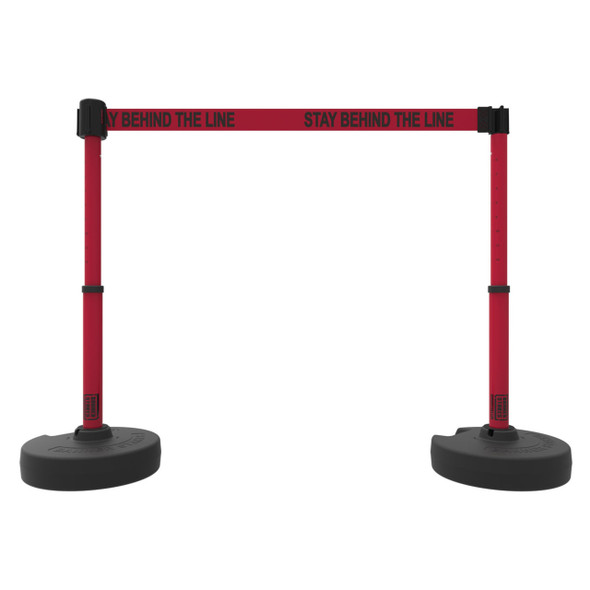 Banner Stakes 15' Barrier System with 2 Bases, Posts, Stakes and 1 Retractable Belt; Red "Stay Behind the Line" - PL4295