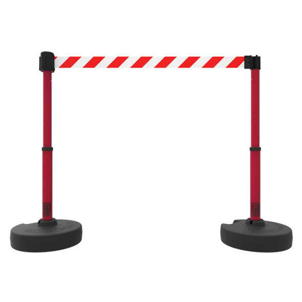 Banner Stakes 15' Barrier System with 2 Bases, Posts, Stakes and 1 Retractable Belt; Red/White Diagonal Stripe - PL4298