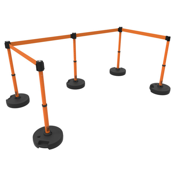Banner Stakes 60' Barrier System with 5 Bases, Post, Stakes, and 4 Retractable Belts; Blank Orange - PL4503
