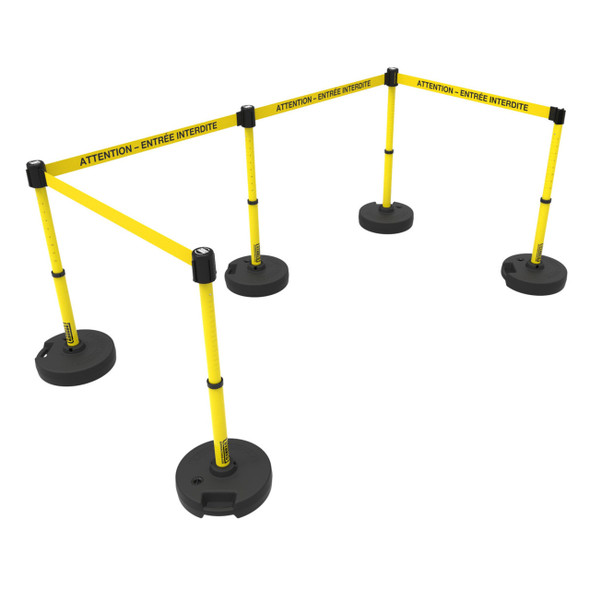 Banner Stakes 60' Barrier System with 5 Bases, Post, Stakes, and 4 Retractable Belts; Yellow "ATTENTION – ENTRÉE INTERDITE" - PL4546