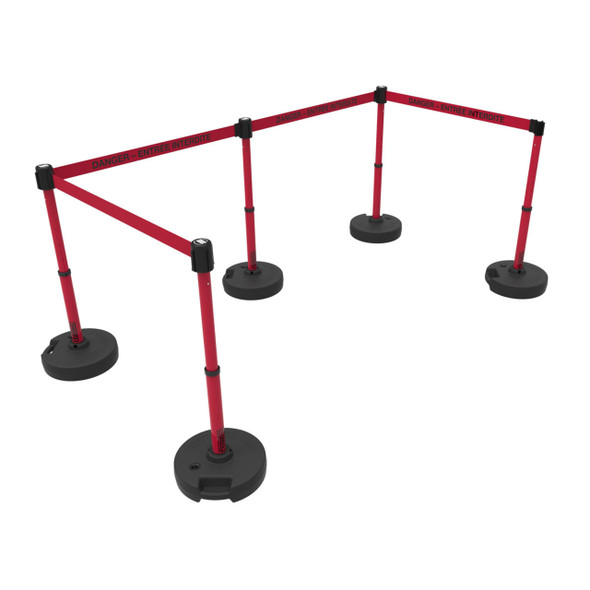 Banner Stakes 60' Barrier System with 5 Bases, Post, Stakes, and 4 Retractable Belts; Red "DANGER – ENTRÉE INTERDITE" - PL4547