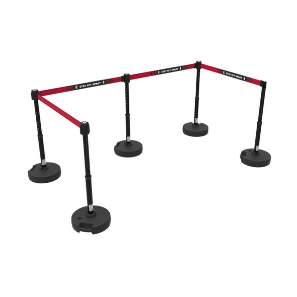 Banner Stakes 60' Barrier System with 5 Bases, Post, Stakes, and 4 Retractable Belts; Black "Stay 6FT Apart" - PL4574