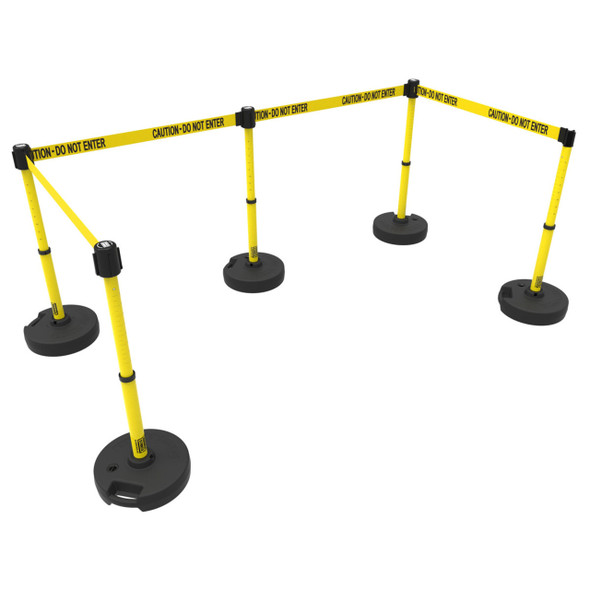 Banner Stakes 60' Barrier System with 5 Bases, Post, Stakes, and 4 Retractable Belts; Yellow "Caution - Do Not Enter" - PL4585