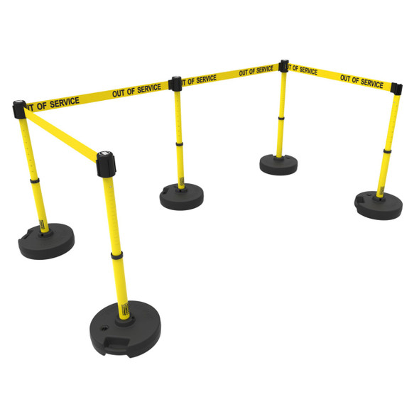 Banner Stakes 60' Barrier System with 5 Bases, Post, Stakes, and 4 Retractable Belts; Yellow "Out of Service" - PL4589