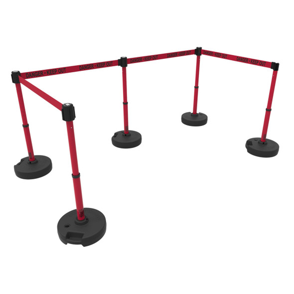 Banner Stakes 60' Barrier System with 5 Bases, Post, Stakes, and 4 Retractable Belts; Red "Danger-Keep Out" - PL4594