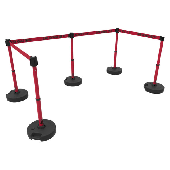 Banner Stakes 60' Barrier System with 5 Bases, Post, Stakes, and 4 Retractable Belts; Red "Danger High Voltage Keep Out" - PL4596