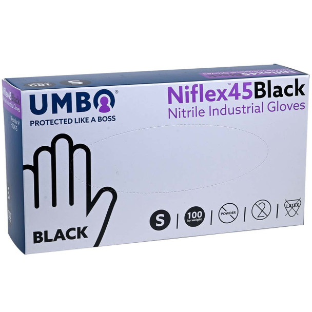 UMBO Niflex45 Black Nitrile Disposable Gloves - 5 mil - H104 - Box of 100 (S, M, L, XL, 2XL)