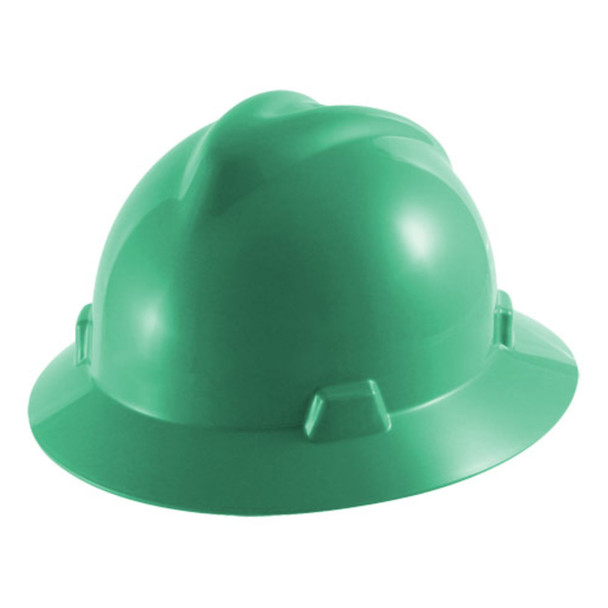 green MSA V-Gard Full Brim Hard Hat with Fas-Trac III Suspension