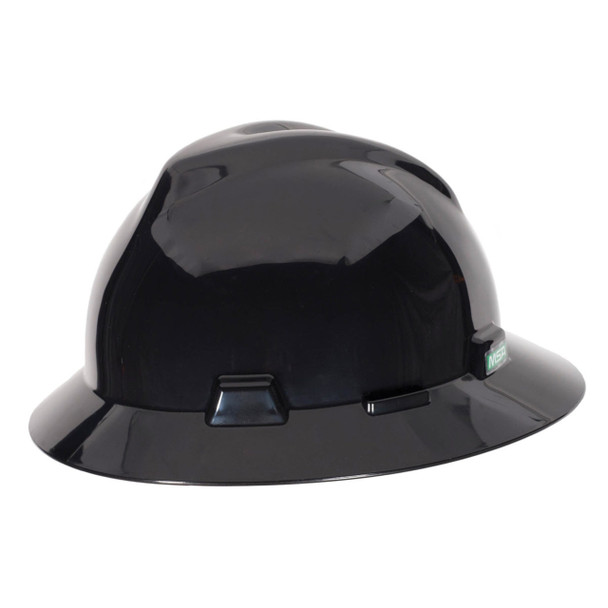 black MSA V-Gard Full Brim Hard Hat with Fas-Trac III Suspension