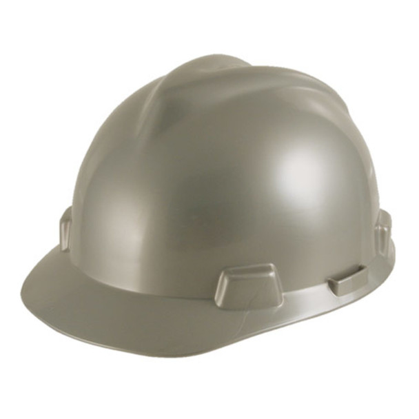 silver MSA V-Gard Fas-Trac III 4-Point Ratchet Slotted Protective Cap