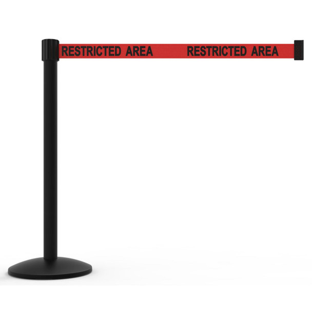 Banner Stakes 7' Retractable Belt Barrier Set with Base, Black Post and Red "Restricted Area" Belt - AL6105B