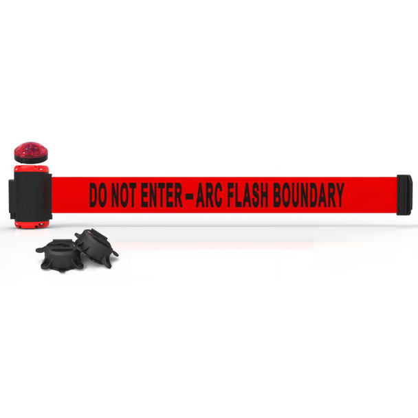 Banner Stakes 7' Wall-Mount Retractable Belt with Red Strobe Light, Red "Do Not Enter-Arc Flash Boundary" - MH7010L