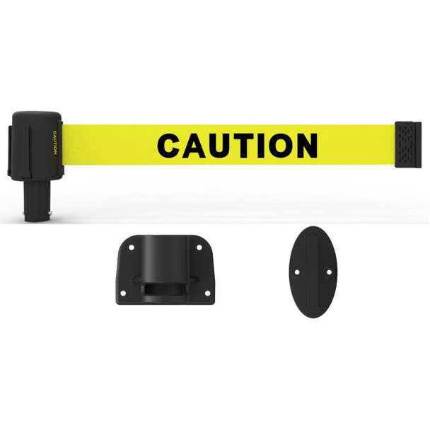 Banner Stakes 15' Wall-Mount Barrier System with Mounting Kit and Retractable Belt; Yellow "Caution" - PL4106