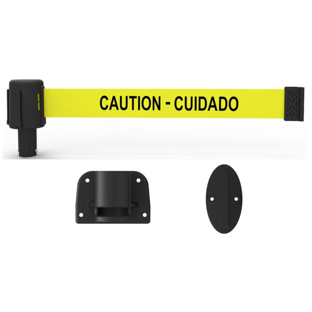 Banner Stakes 15' Wall-Mount Barrier System with Mounting Kit and Retractable Belt; Yellow "Caution - Cuidado" - PL4107