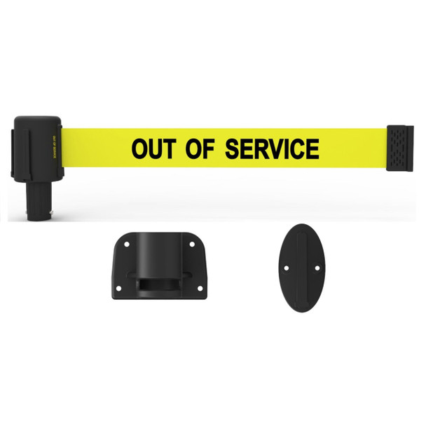 Banner Stakes 15' Wall-Mount Barrier System with Mounting Kit and Retractable Belt; Yellow "Out of Service" - PL4111