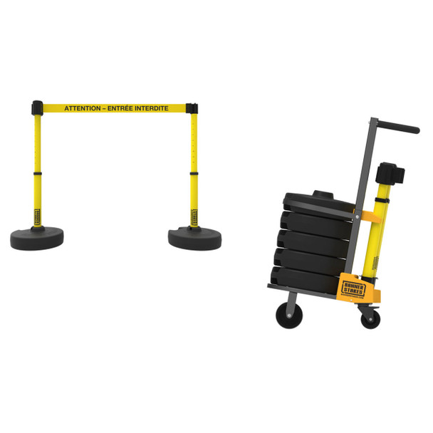 Banner Stakes 75' Barrier System with Cart, 5 Bases, Retractable Belts and Posts; Yellow "ATTENTION – ENTRÉE INTERDITE" - PL4144